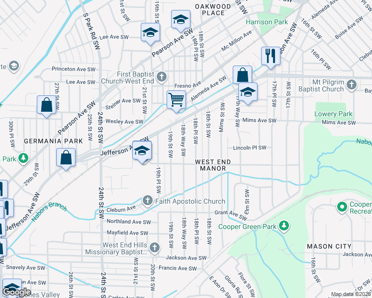 map of restaurants, bars, coffee shops, grocery stores, and more near 1320 18th Place Southwest in Birmingham