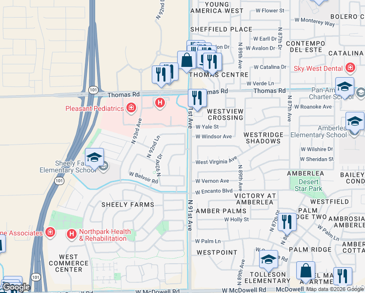 map of restaurants, bars, coffee shops, grocery stores, and more near 9109 Virginia Avenue in Phoenix