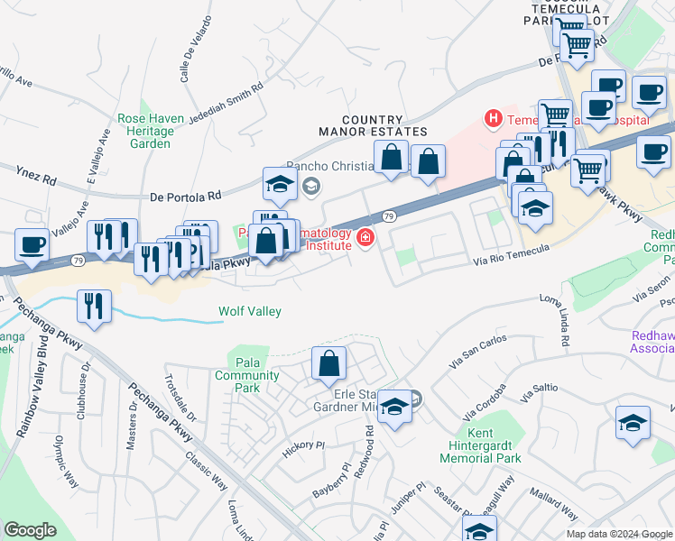 map of restaurants, bars, coffee shops, grocery stores, and more near 31379 Taylor Lane in Temecula