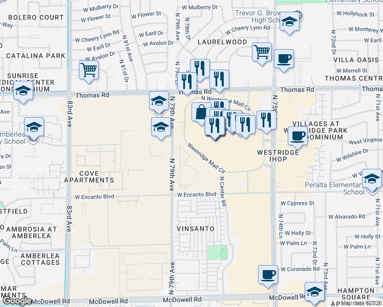 map of restaurants, bars, coffee shops, grocery stores, and more near 7800 West Encanto Boulevard in Phoenix