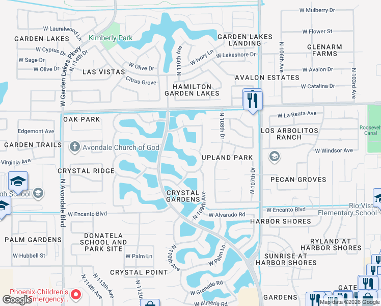 map of restaurants, bars, coffee shops, grocery stores, and more near 10915 West Cambridge Avenue in Avondale
