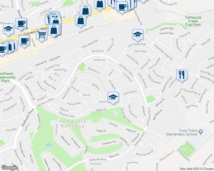 map of restaurants, bars, coffee shops, grocery stores, and more near 33074 Corte Ganso in Temecula