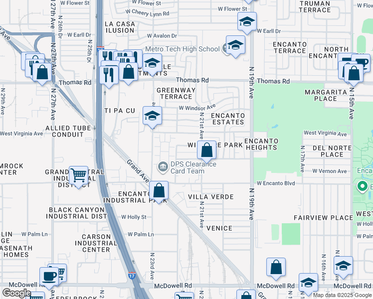 map of restaurants, bars, coffee shops, grocery stores, and more near 2133 West Wilshire Drive in Phoenix