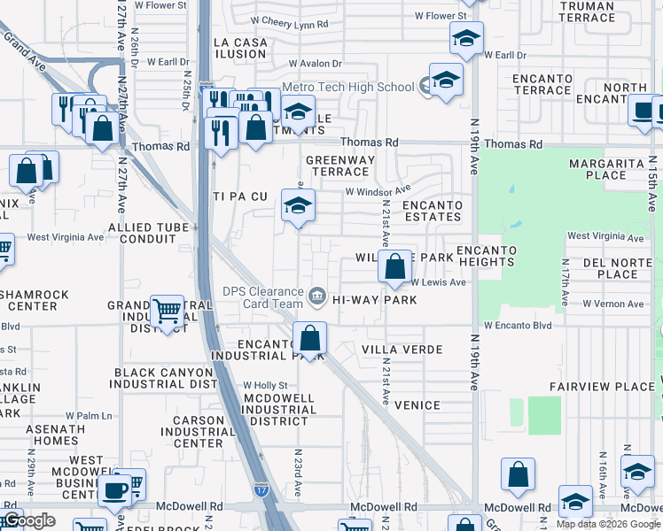 map of restaurants, bars, coffee shops, grocery stores, and more near 2513 North 22nd Drive in Phoenix