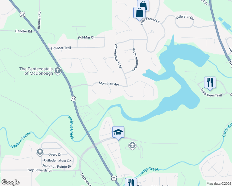 map of restaurants, bars, coffee shops, grocery stores, and more near 6535 Riada Court in McDonough