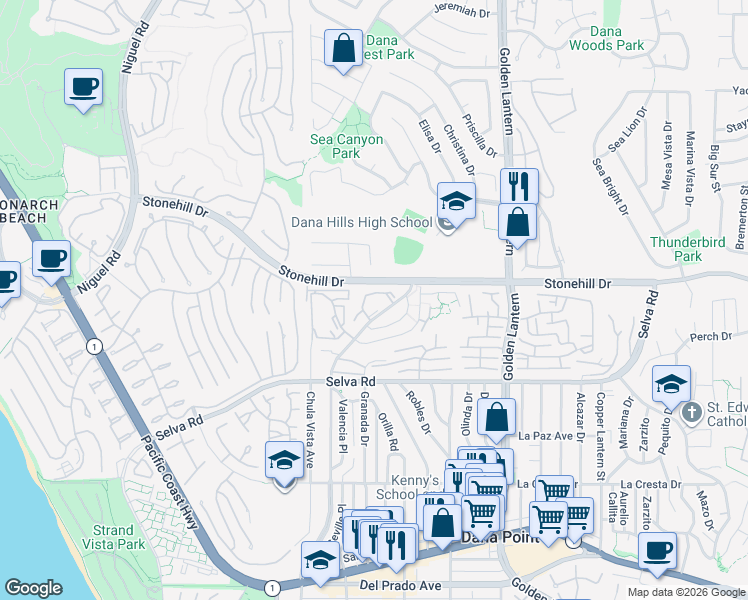 map of restaurants, bars, coffee shops, grocery stores, and more near 24482 Lantern Hill Drive in Dana Point