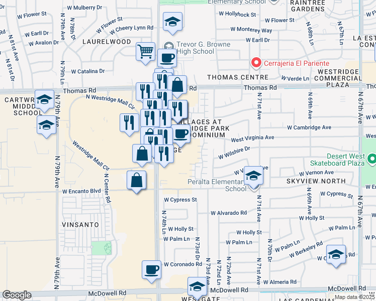 map of restaurants, bars, coffee shops, grocery stores, and more near 7409 West Virginia Avenue in Phoenix