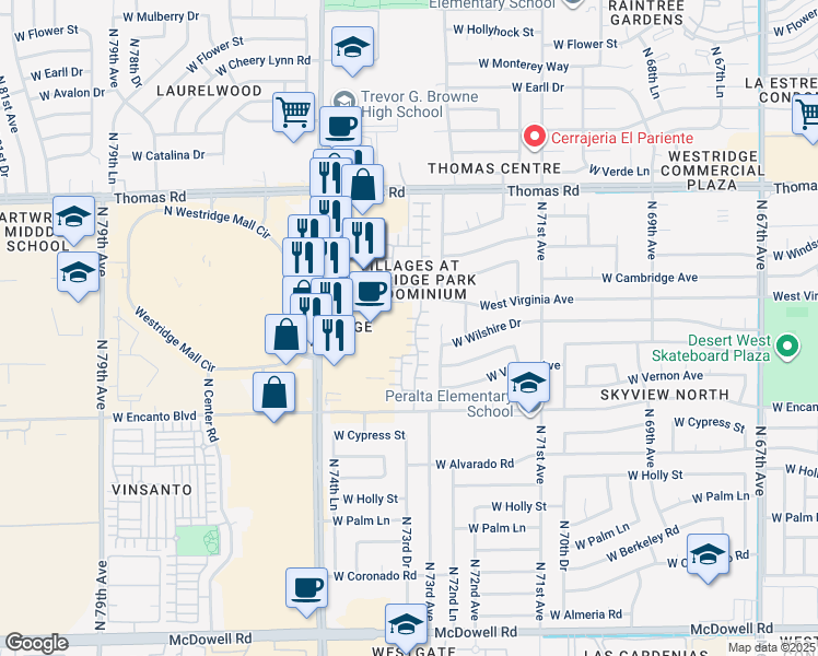 map of restaurants, bars, coffee shops, grocery stores, and more near 2515 North 73rd Drive in Phoenix