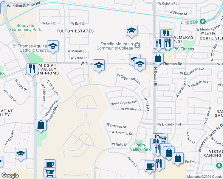 map of restaurants, bars, coffee shops, grocery stores, and more near 13362 West Windsor Avenue in Goodyear