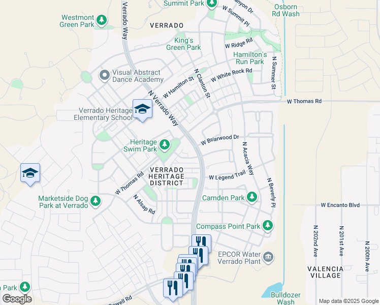 map of restaurants, bars, coffee shops, grocery stores, and more near 2582 North Verrado Way in Buckeye
