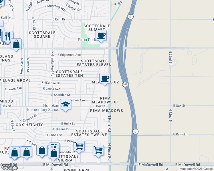 map of restaurants, bars, coffee shops, grocery stores, and more near 2509 North 87th Way in Scottsdale