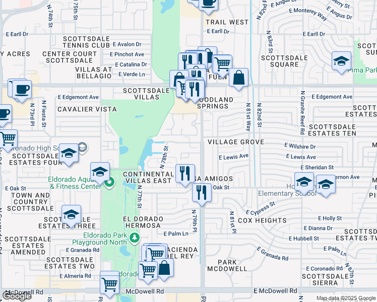 map of restaurants, bars, coffee shops, grocery stores, and more near 2500 North Hayden Road in Scottsdale