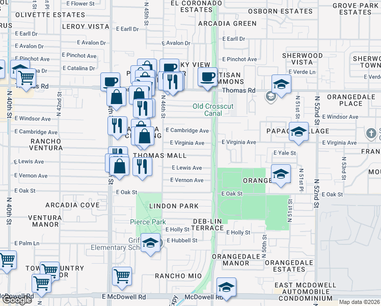 map of restaurants, bars, coffee shops, grocery stores, and more near 4633 East Wilshire Drive in Phoenix