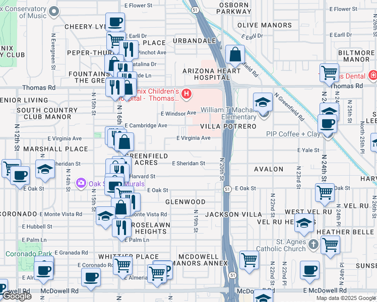 map of restaurants, bars, coffee shops, grocery stores, and more near 1821 East Yale Street in Phoenix