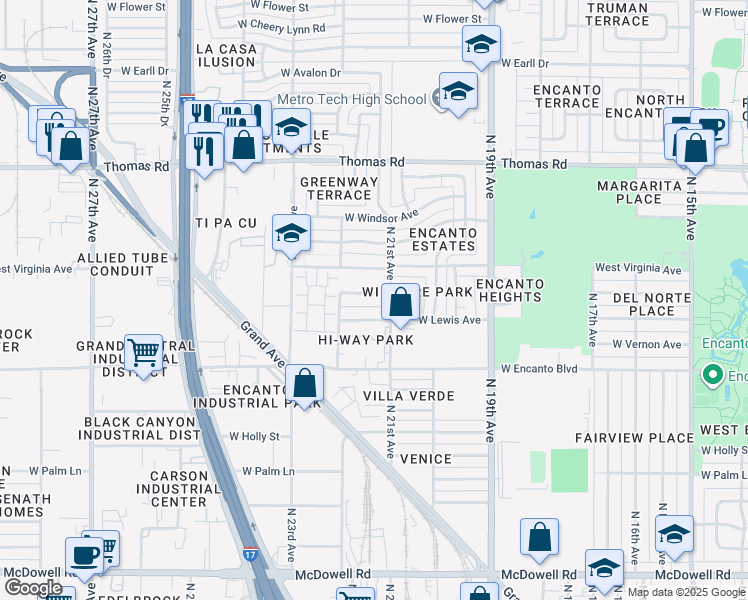 map of restaurants, bars, coffee shops, grocery stores, and more near 2133 West Wilshire Drive in Phoenix