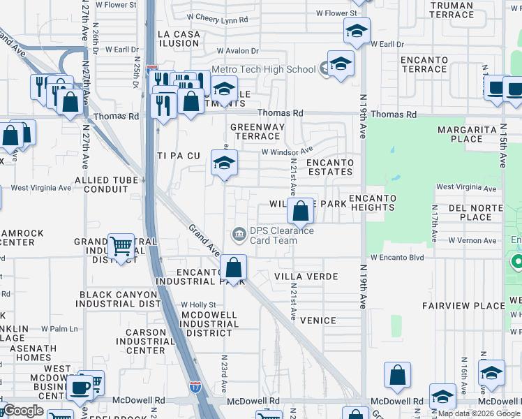 map of restaurants, bars, coffee shops, grocery stores, and more near 2513 North 22nd Drive in Phoenix