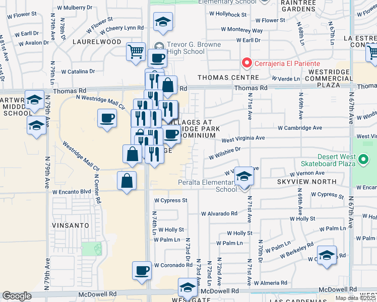 map of restaurants, bars, coffee shops, grocery stores, and more near 2515 North 73rd Drive in Phoenix