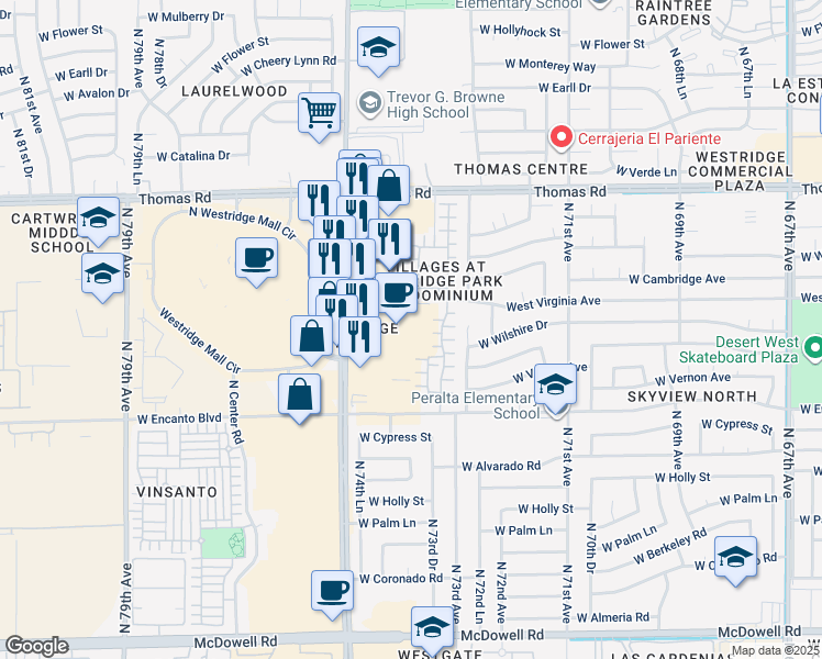 map of restaurants, bars, coffee shops, grocery stores, and more near 7409 Virginia Avenue in Phoenix