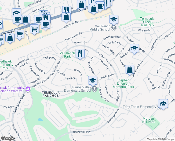 map of restaurants, bars, coffee shops, grocery stores, and more near 33074 Corte Ganso in Temecula