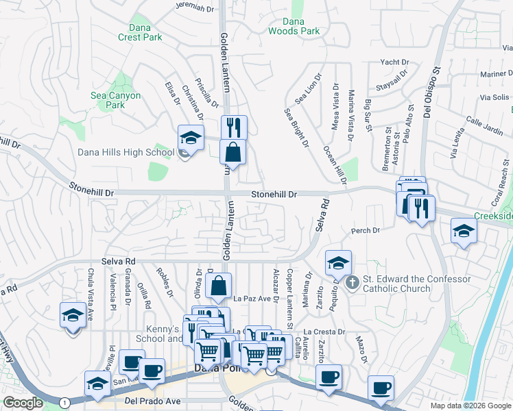 map of restaurants, bars, coffee shops, grocery stores, and more near 33546 Spin Drift Court in Dana Point
