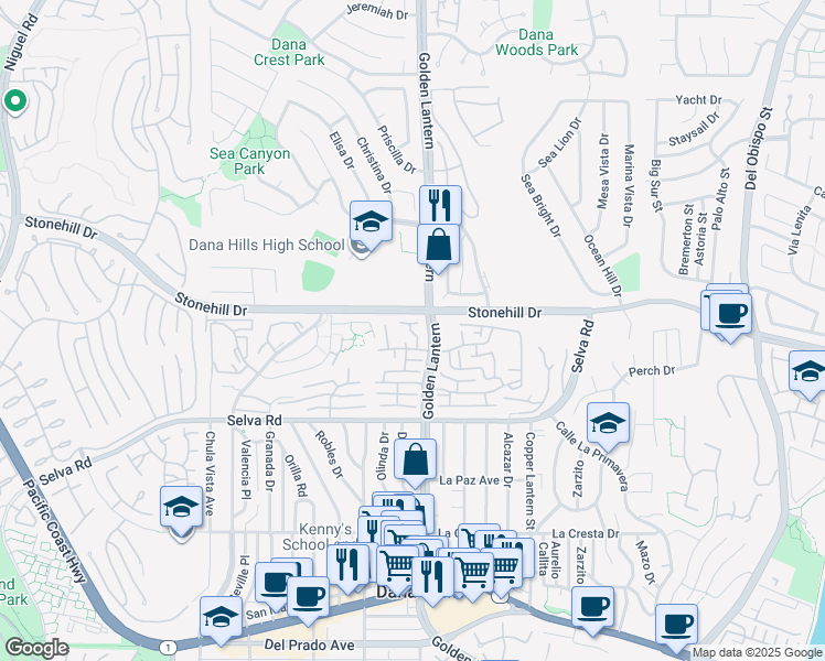map of restaurants, bars, coffee shops, grocery stores, and more near 33558 Sea Gull Court in Dana Point