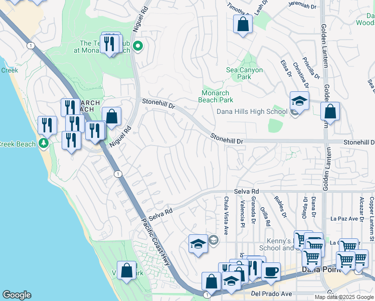 map of restaurants, bars, coffee shops, grocery stores, and more near 33568 Halyard Drive in Dana Point