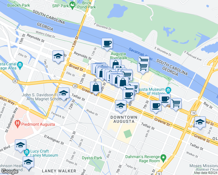 map of restaurants, bars, coffee shops, grocery stores, and more near 937 Ellis Street in Augusta