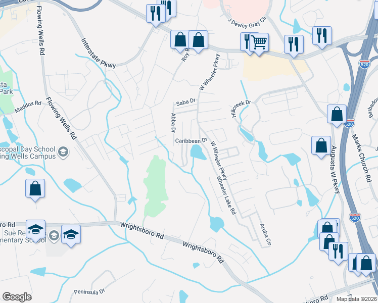 map of restaurants, bars, coffee shops, grocery stores, and more near 7024 Reagan Circle in Augusta