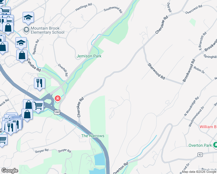 map of restaurants, bars, coffee shops, grocery stores, and more near 2841 Cherokee Road in Mountain Brook
