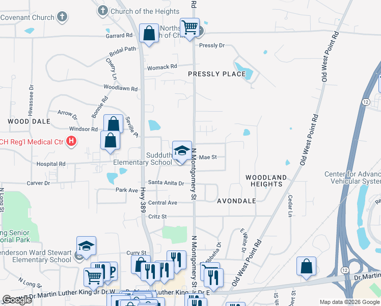 map of restaurants, bars, coffee shops, grocery stores, and more near 705 North Montgomery Street in Starkville