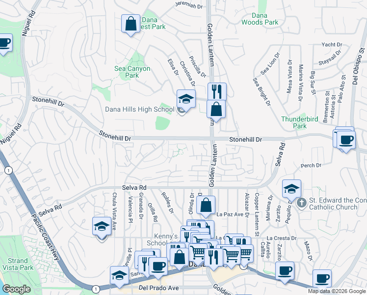 map of restaurants, bars, coffee shops, grocery stores, and more near 24612 Harbor View Drive in Dana Point