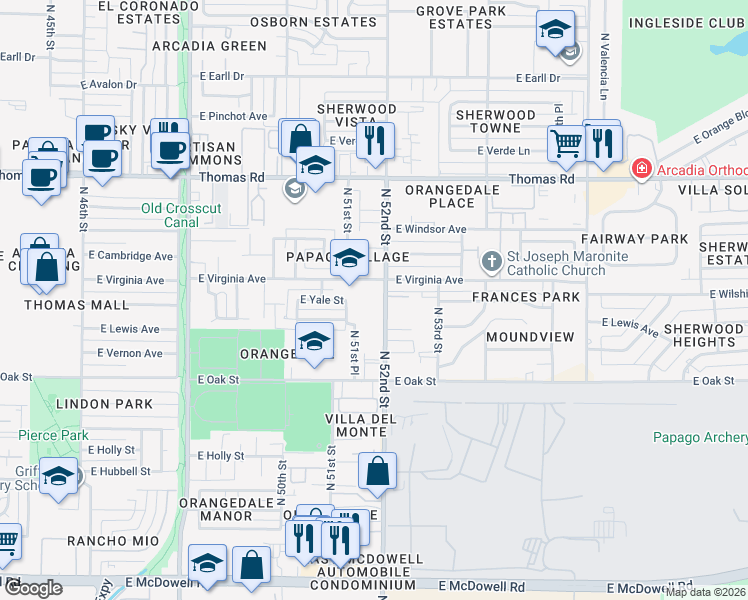 map of restaurants, bars, coffee shops, grocery stores, and more near 5131 East Virginia Avenue in Phoenix