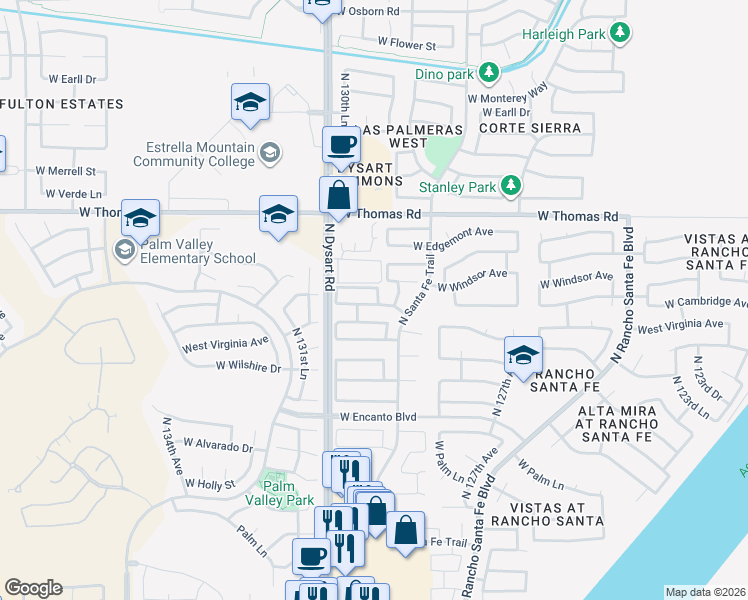 map of restaurants, bars, coffee shops, grocery stores, and more near 12895 West Cambridge Avenue in Avondale