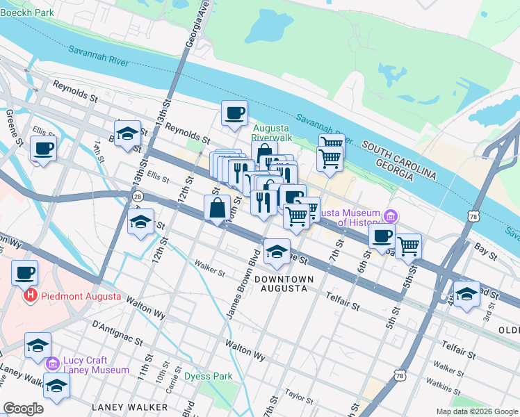 map of restaurants, bars, coffee shops, grocery stores, and more near 937 Ellis Street in Augusta