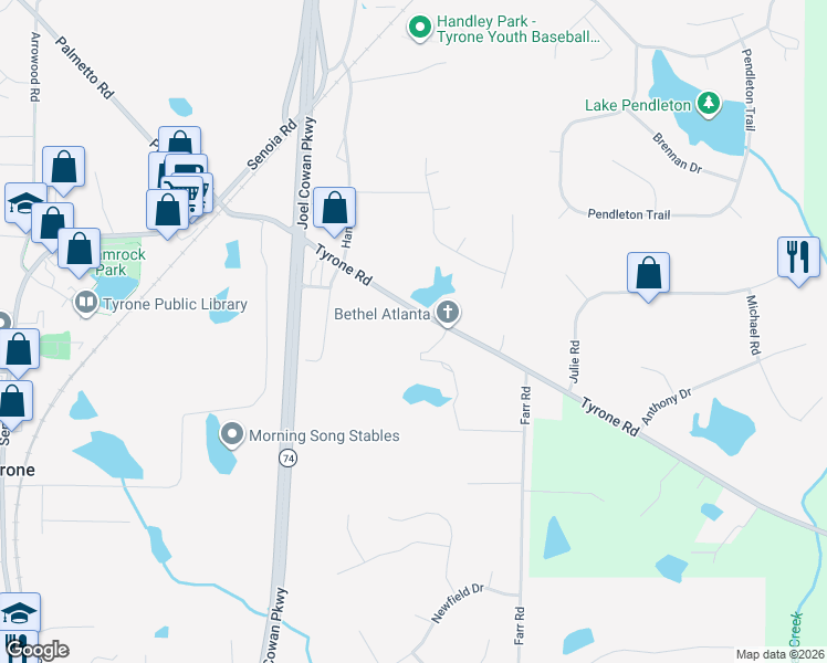 map of restaurants, bars, coffee shops, grocery stores, and more near 944 Tyrone Road in Tyrone