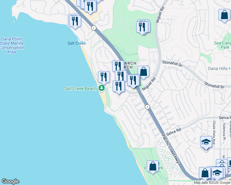 map of restaurants, bars, coffee shops, grocery stores, and more near 1 Ritz Carlton Drive in Dana Point