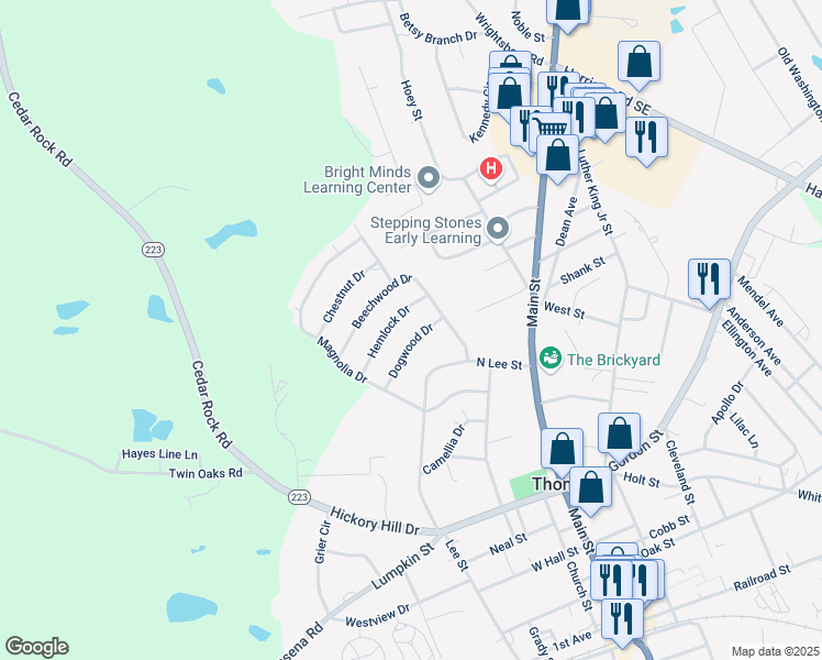 map of restaurants, bars, coffee shops, grocery stores, and more near 631 Dogwood Drive in Thomson