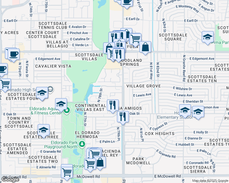 map of restaurants, bars, coffee shops, grocery stores, and more near 2500 North Hayden Road in Scottsdale