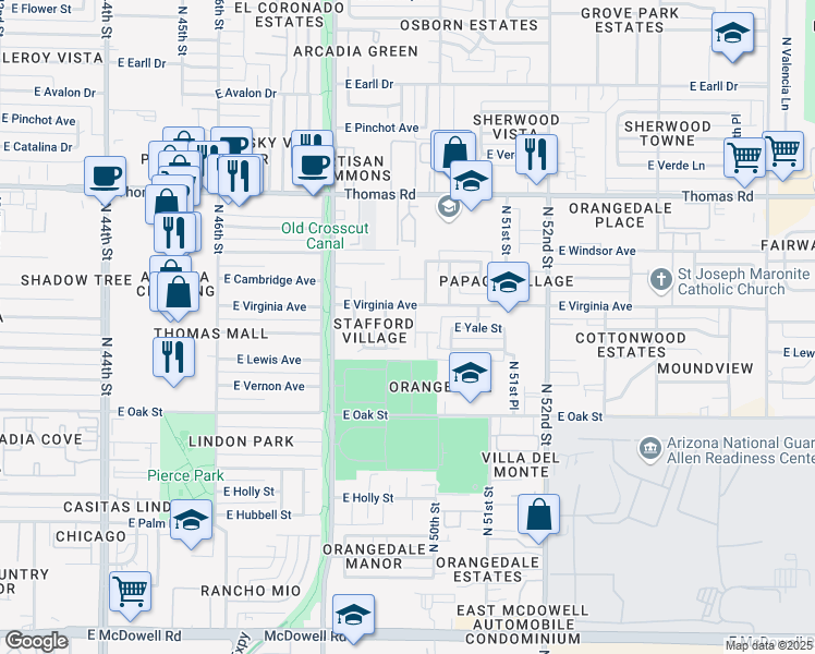 map of restaurants, bars, coffee shops, grocery stores, and more near 2530 North 49th Place in Phoenix