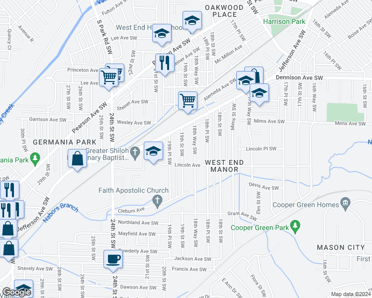 map of restaurants, bars, coffee shops, grocery stores, and more near 1241 19th Street Southwest in Birmingham