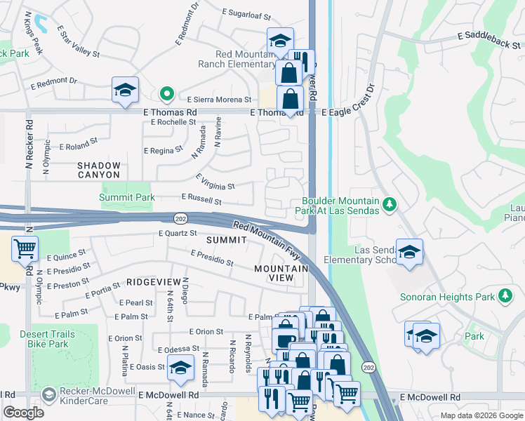 map of restaurants, bars, coffee shops, grocery stores, and more near 3306 North Saffron in Mesa