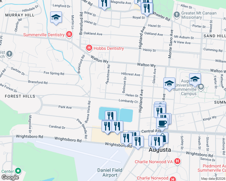 map of restaurants, bars, coffee shops, grocery stores, and more near 2843 Helen St in Augusta