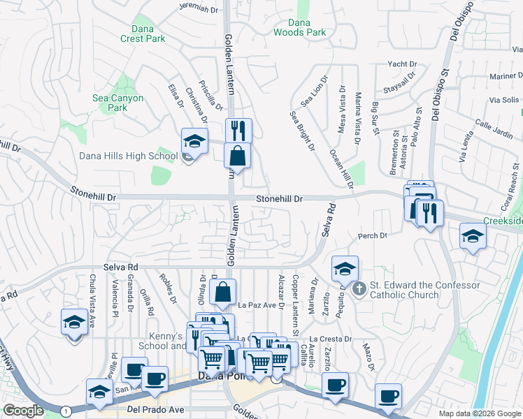 map of restaurants, bars, coffee shops, grocery stores, and more near 33546 Spin Drift Court in Dana Point