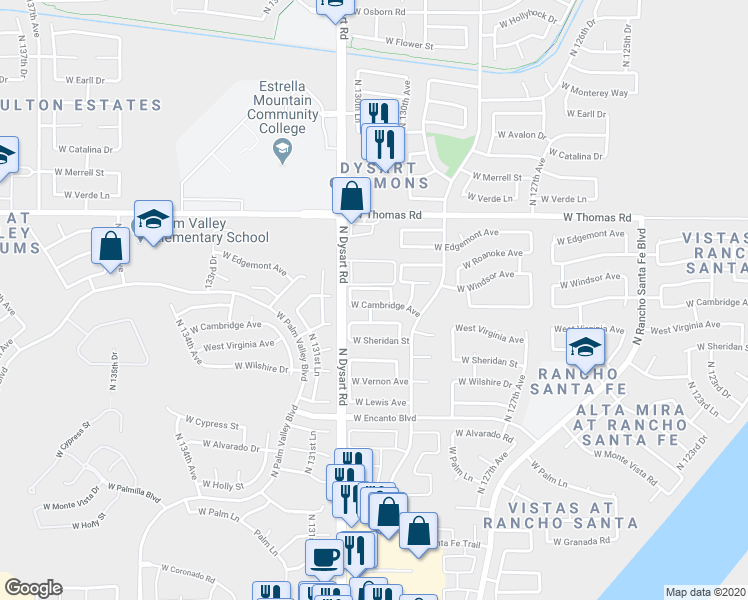 map of restaurants, bars, coffee shops, grocery stores, and more near 12892 West Cambridge Avenue in Avondale