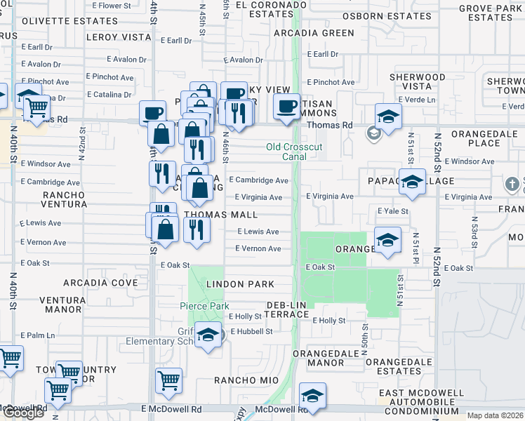 map of restaurants, bars, coffee shops, grocery stores, and more near 4633 East Wilshire Drive in Phoenix