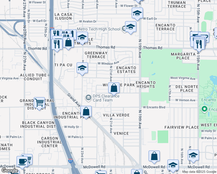 map of restaurants, bars, coffee shops, grocery stores, and more near 2413 North 21st Avenue in Phoenix