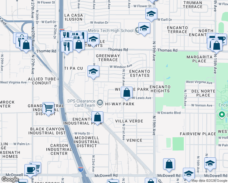map of restaurants, bars, coffee shops, grocery stores, and more near 2133 West Wilshire Drive in Phoenix
