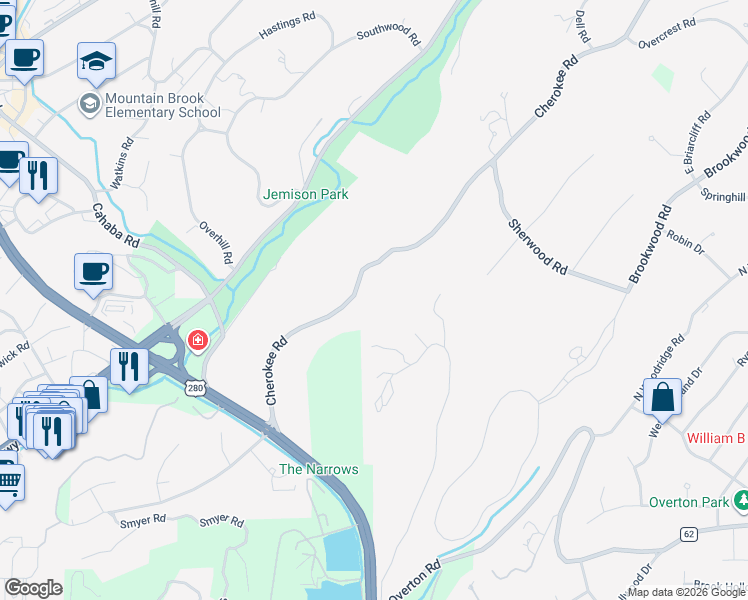 map of restaurants, bars, coffee shops, grocery stores, and more near 2841 Cherokee Road in Mountain Brook