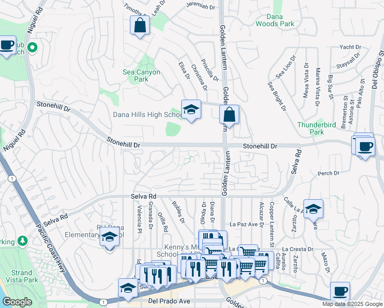 map of restaurants, bars, coffee shops, grocery stores, and more near 24621 Harbor View Drive in Dana Point