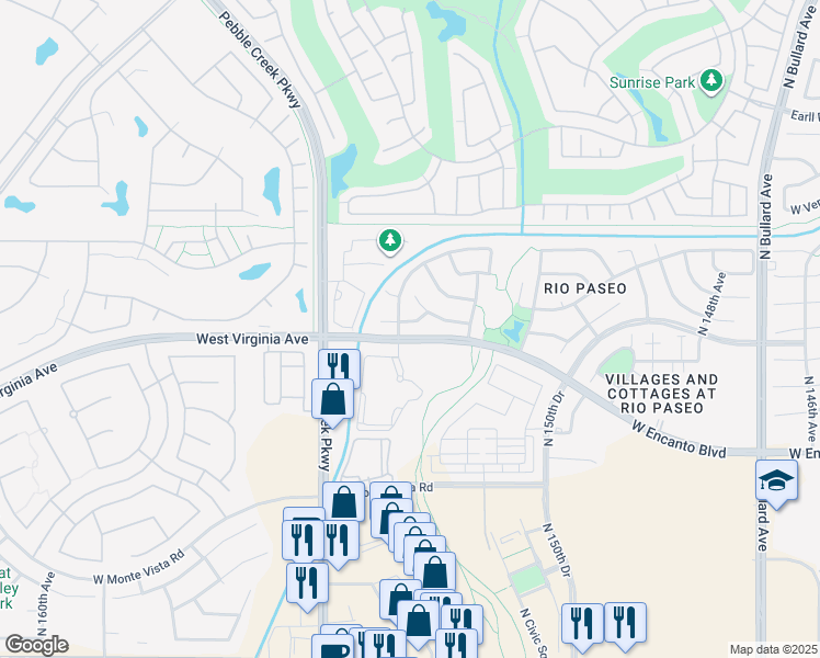 map of restaurants, bars, coffee shops, grocery stores, and more near 15341 West Windsor Avenue in Goodyear